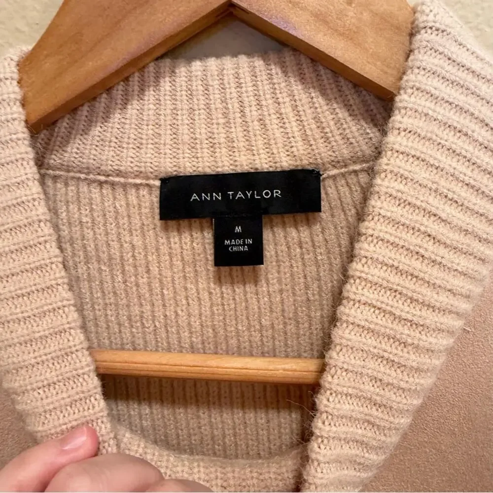 Ann Taylor Mixed Media Tan Faux Suede Sweater Medium Ribbed Crew Neck Cozy